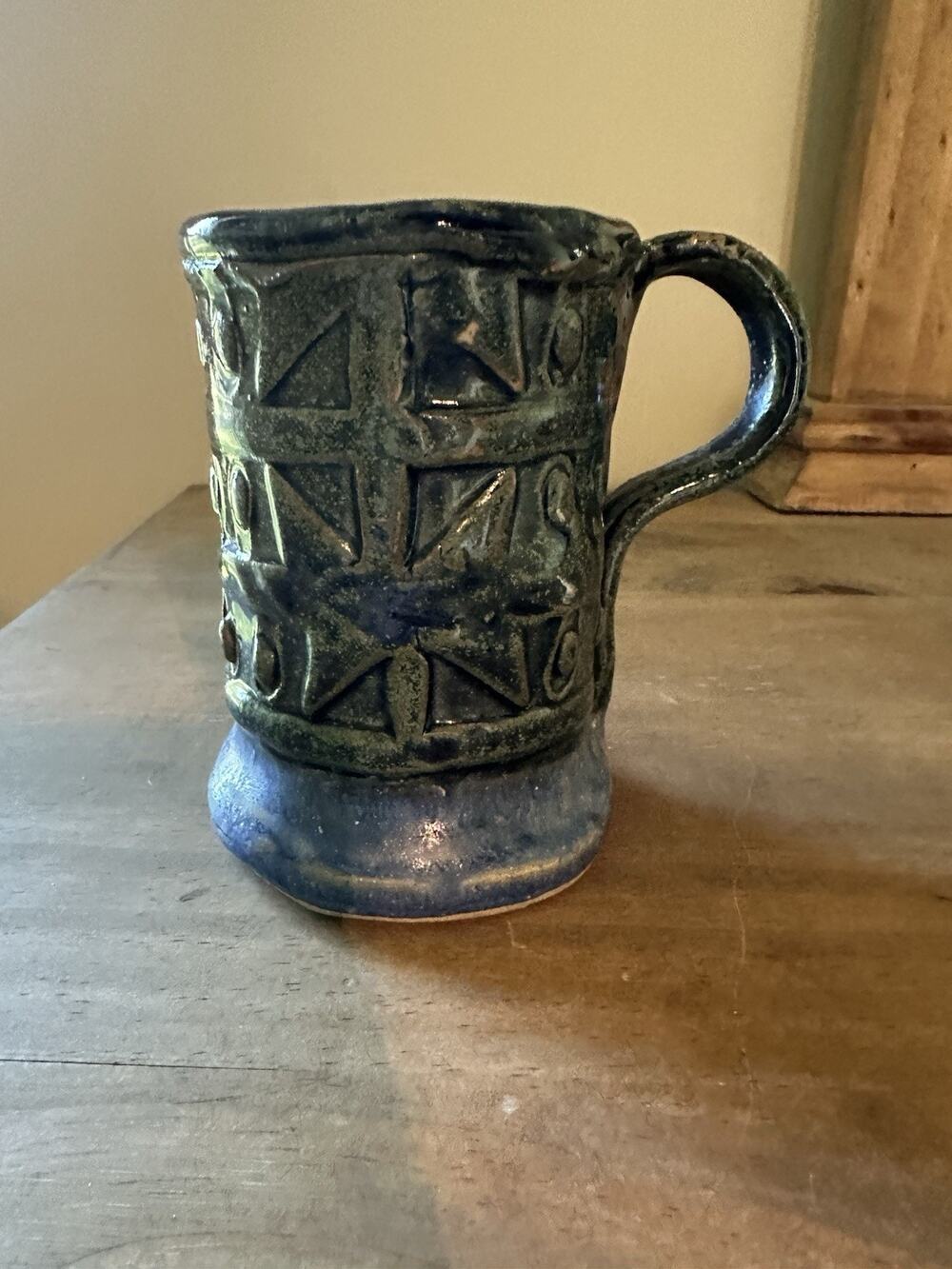 Vintage Hand Made Blue Green Art Pottery Mug 4.5”T